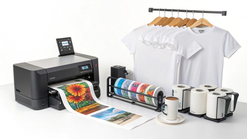 a sublimation printing setup with a printer, heat press, and blank mugs