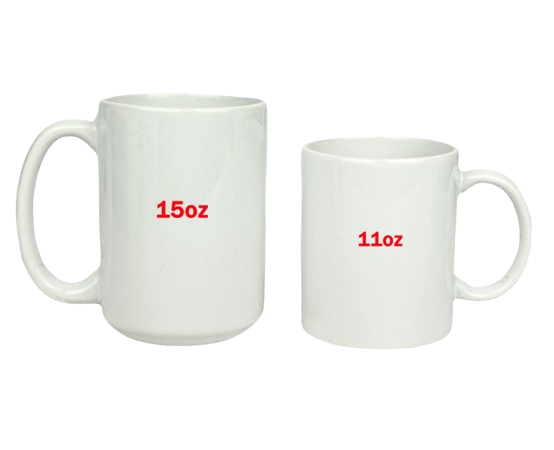 A side-by-side comparison of a plain white mug and a sublimated mug with a photo on it.