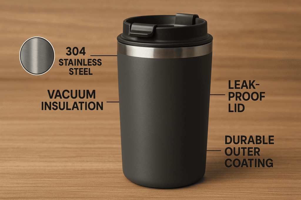 A person holding a sleek stainless steel thermal mug while working on a laptop.