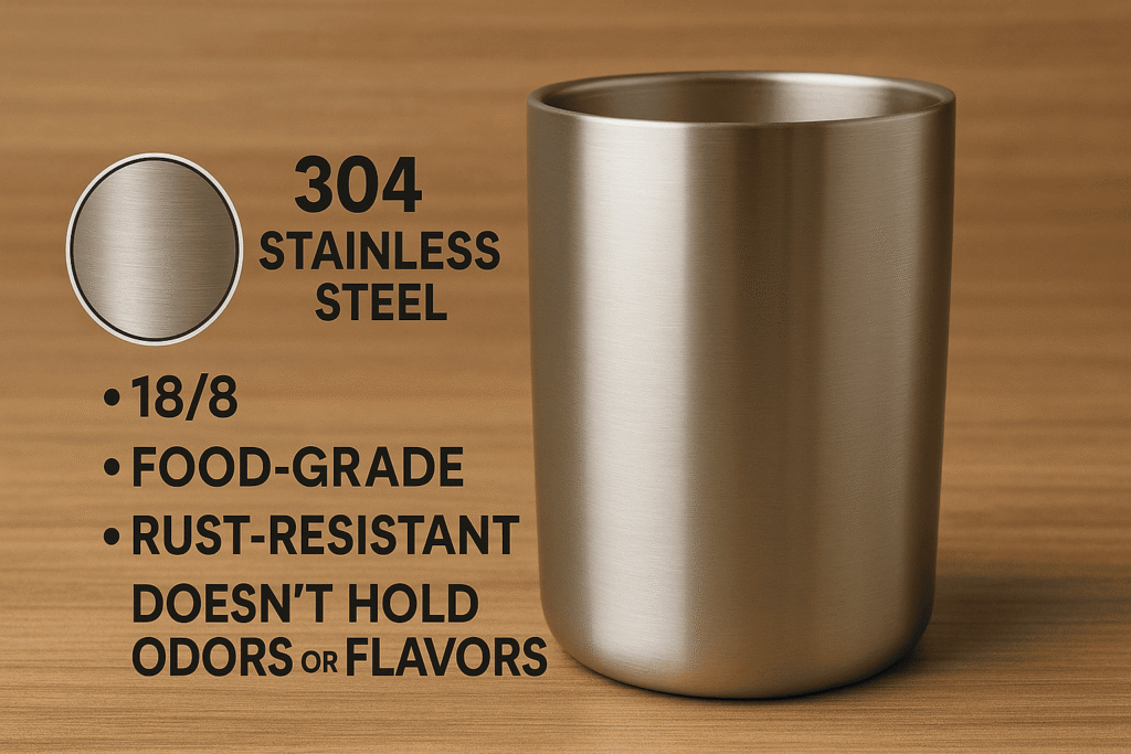 A close-up shot showing the clean, seamless interior of a high-quality stainless steel mug.