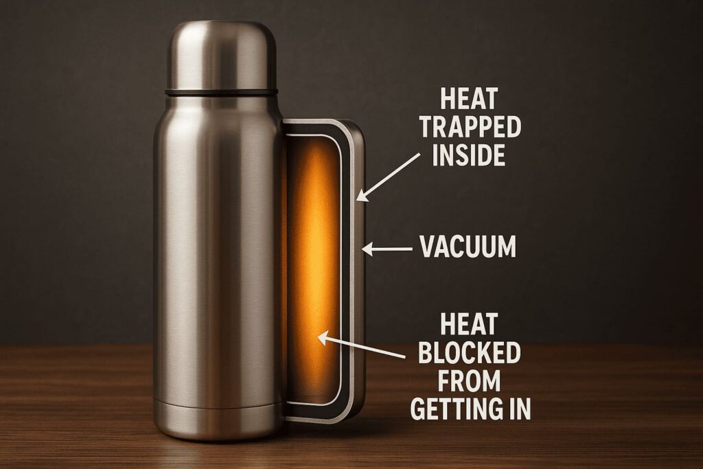 A cutaway illustration of a thermal mug showing the inner wall, outer wall, and the vacuum space between them.