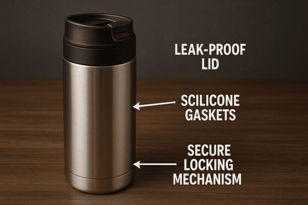 A close-up shot of a well-designed mug lid with a secure flip-lock mechanism and silicone seals.