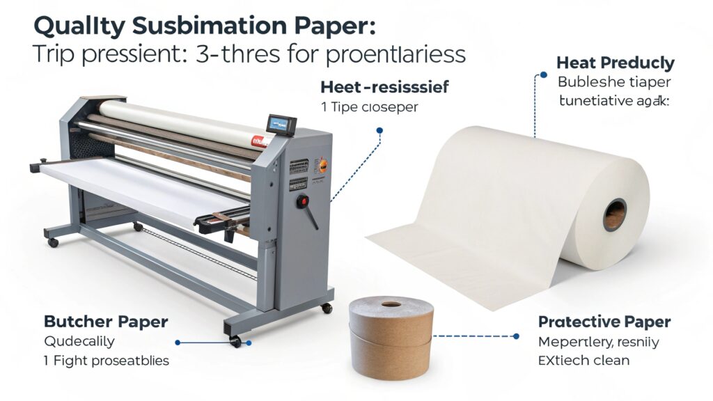 A workspace showing rolls of sublimation paper, heat-resistant tape, and protective butcher paper.