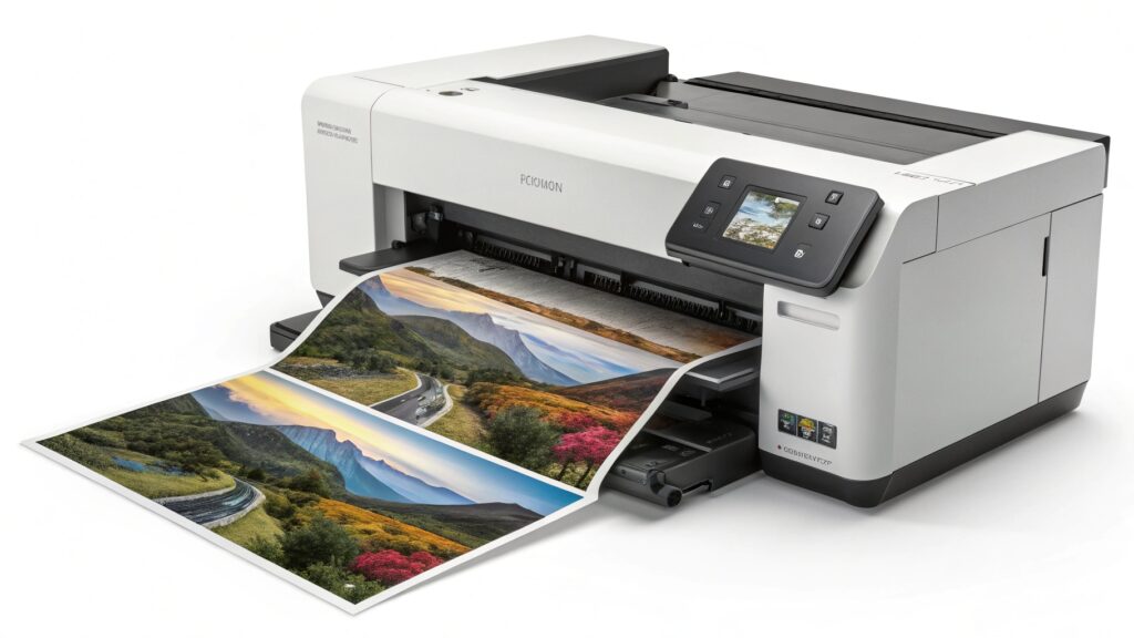 A dedicated sublimation printer, like a Sawgrass or converted Epson, next to bottles of sublimation ink.