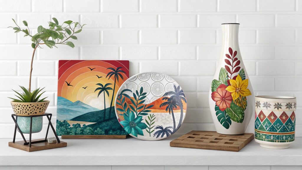 A collection of custom dye-sublimated products, including a ceramic mug, a metal sign, and a polyester pillow.