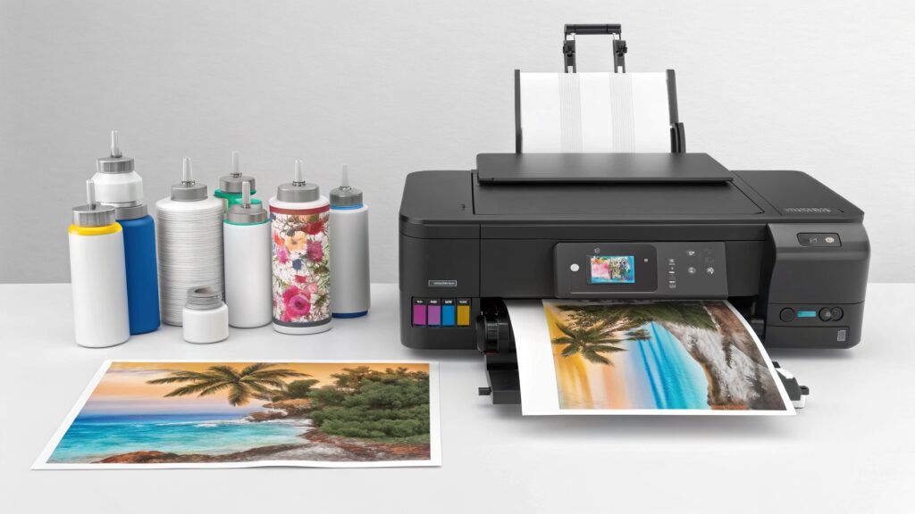 A person working on a sublimation project with a heat press and a laptop.