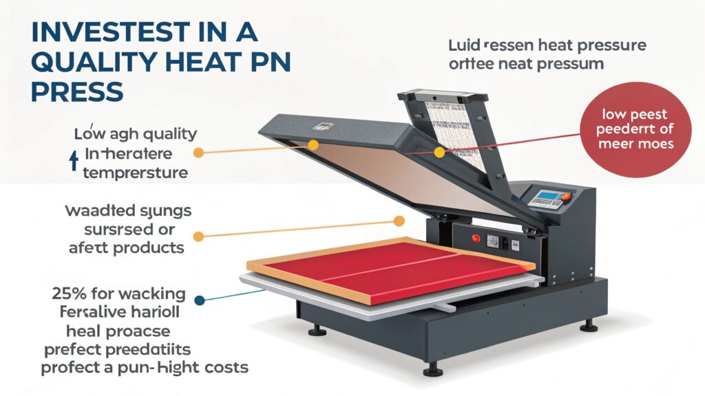 A sturdy, professional-grade swing-away heat press sitting on a workbench.