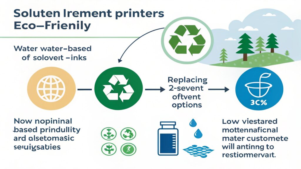 Close-up of vibrant, water-based ink bottles lined up next to a printer.