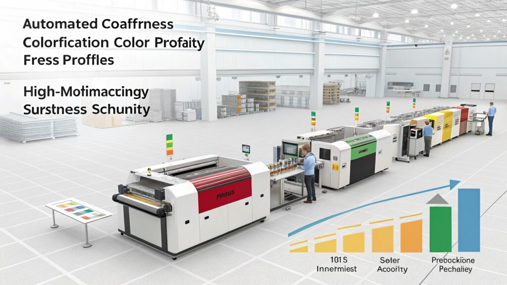 A technician operating a modern heat transfer machine with a large, integrated touchscreen displaying production data.