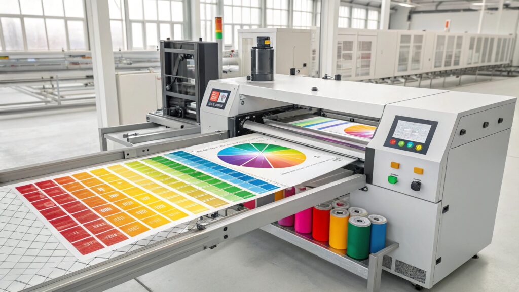 A technician uses a touchscreen on a smart heat press that displays real-time production data and calibration settings.