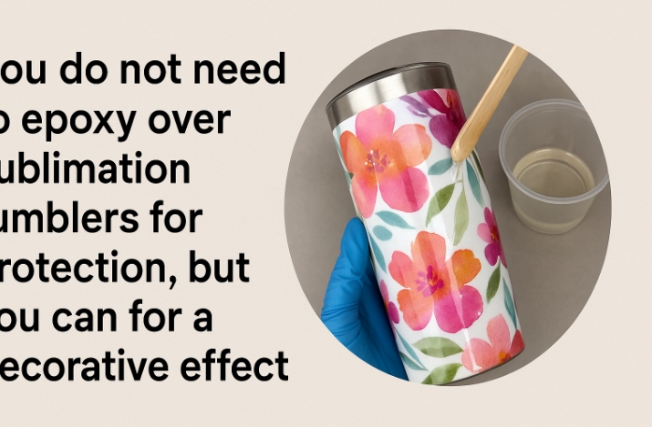 A crafter wearing gloves and applying clear epoxy resin over a finished sublimation tumbler to add a thick, glossy top coat.