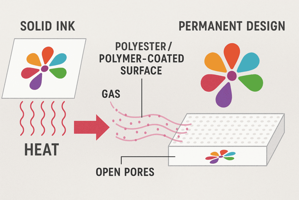 A microscopic view showing ink particles infused within polyester fibers.