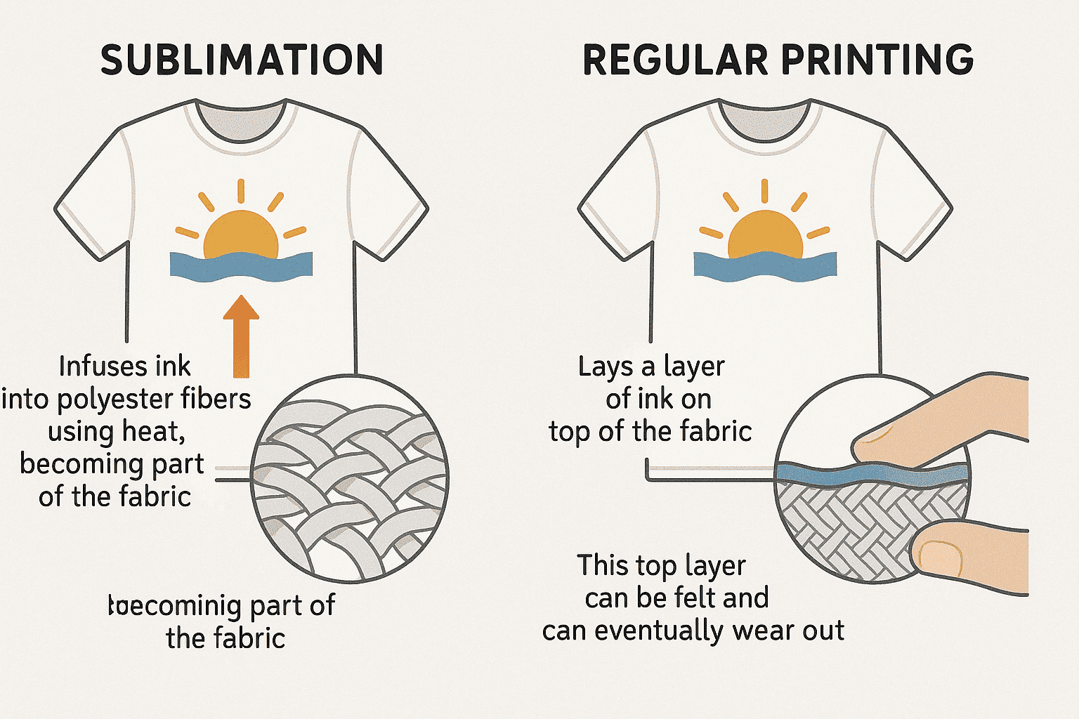 Side-by-side comparison of a sublimated shirt with zero texture and a screen-printed shirt with a raised ink layer.