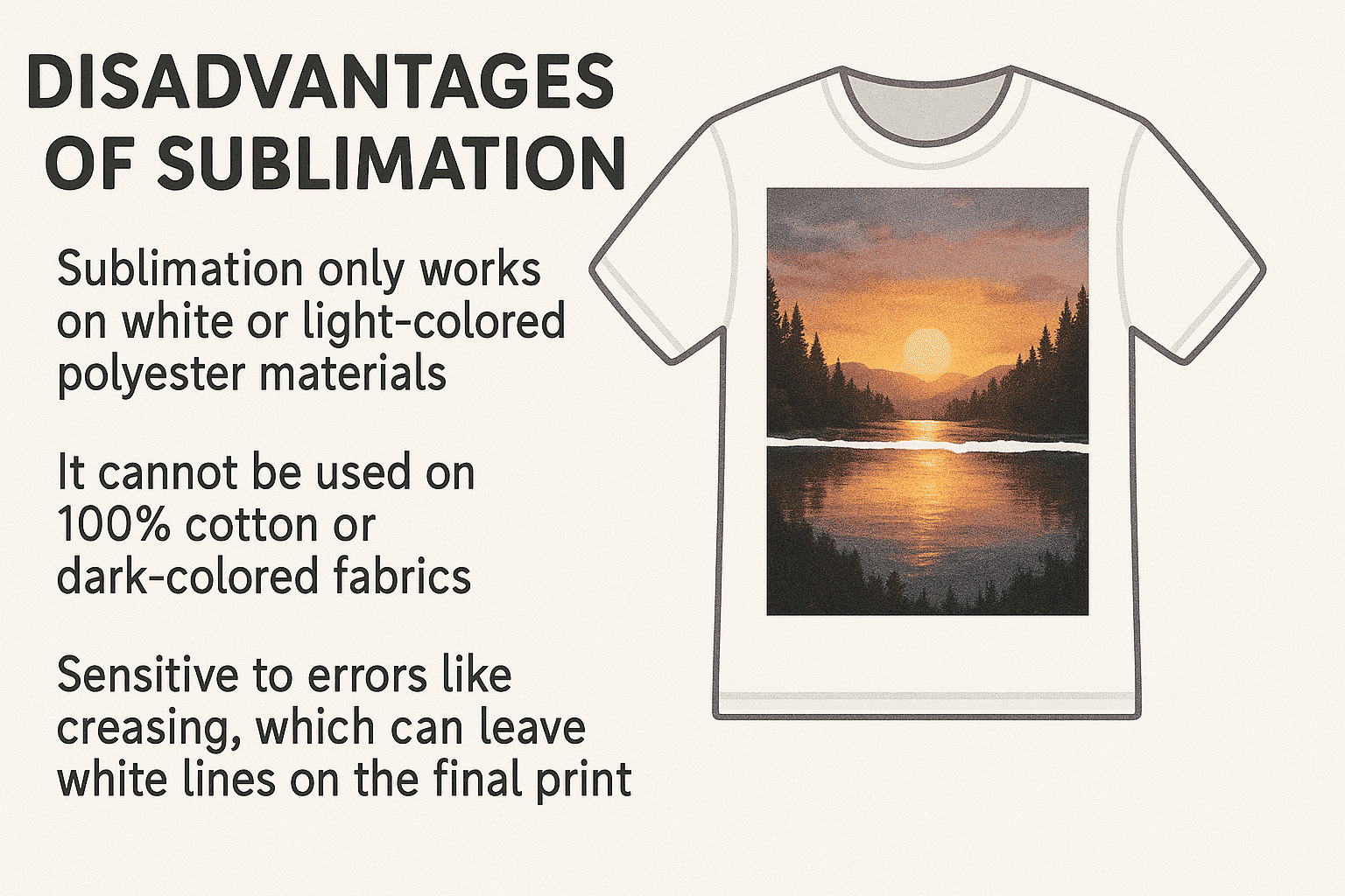 An image showing a white crease under the arm of an all-over sublimated t-shirt, illustrating a common limitation.