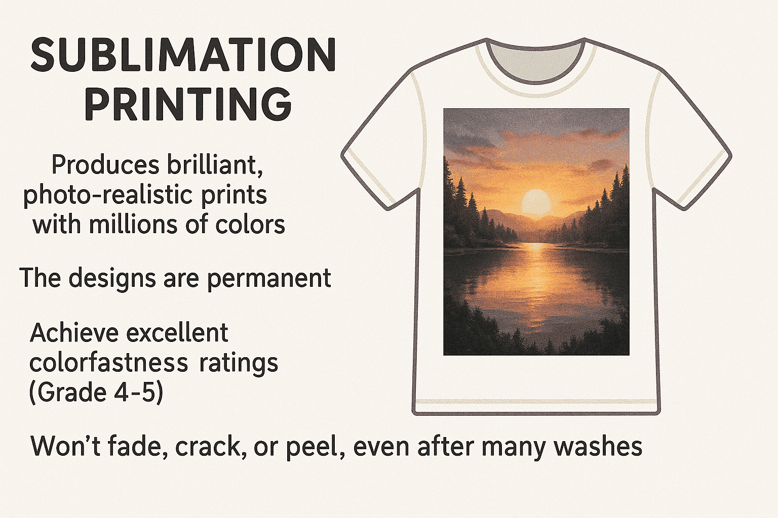 A vibrant, detailed, and colorful sublimated image on a piece of high-quality apparel, showcasing sharpness and color depth.