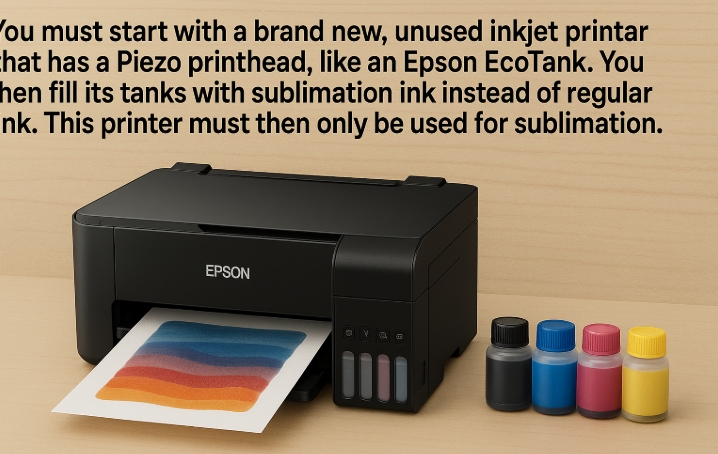 An Epson EcoTank printer is shown on a desk with bottles of sublimation ink next to it, ready for the initial setup.