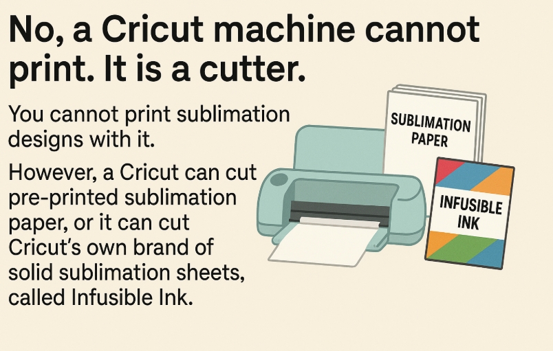 A Cricut machine cutting a sheet of Cricut Infusible Ink, with a brightly colored finished mug nearby.
