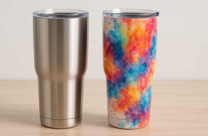 A collection of vibrant, custom-sublimated stainless steel tumblers with full-wrap designs.