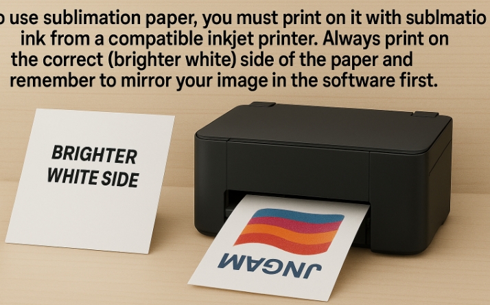 A close-up of a person carefully loading a sheet of sublimation paper into an inkjet printer, ensuring the correct side is facing up.