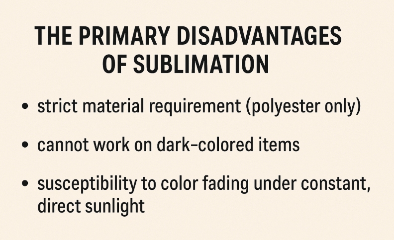 A graphic showing a 'no entry' symbol over a black cotton t-shirt, illustrating the core limitations of the sublimation process.