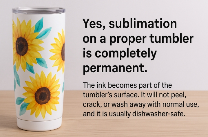 A colorful sublimated tumbler being placed on the top rack of a dishwasher to show its permanence.