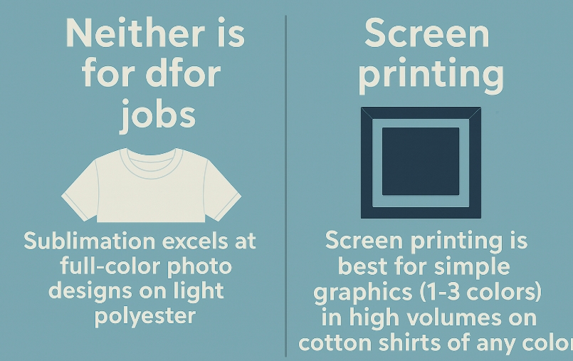 A side-by-side of a full-color sublimated sports jersey and a bold, one-color logo on a screen-printed t-shirt.