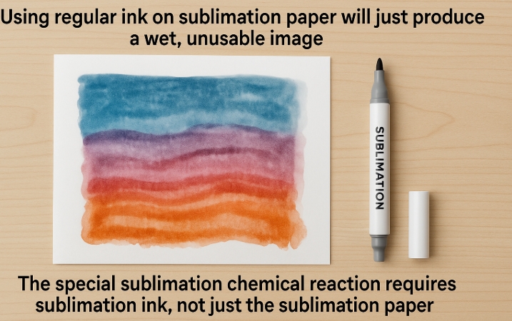 A smudged print from regular ink on sublimation paper is placed next to a vibrant, professionally sublimated mug.
