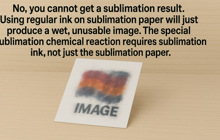 A smudged print from regular ink on sublimation paper is placed next to a vibrant, professionally sublimated mug.