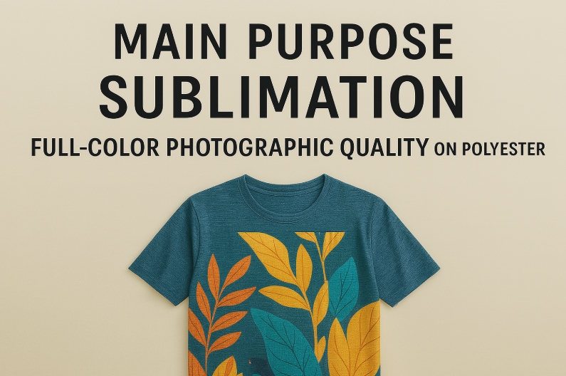 A before-and-after photo showing a plain white polyester shirt next to the same shirt sublimated with a high-resolution galaxy print.