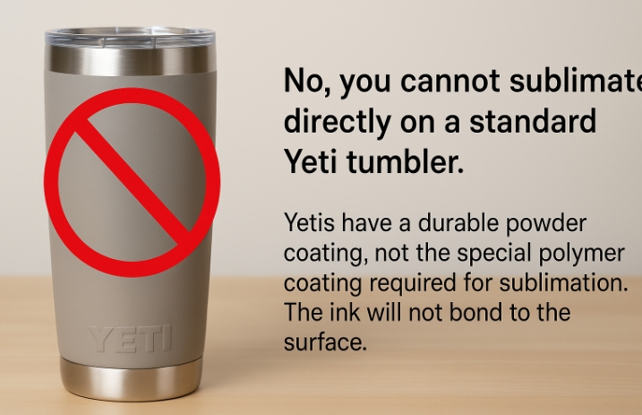 A pristine Yeti brand tumbler next to a generic white sublimation tumbler, highlighting the difference in surface coatings.