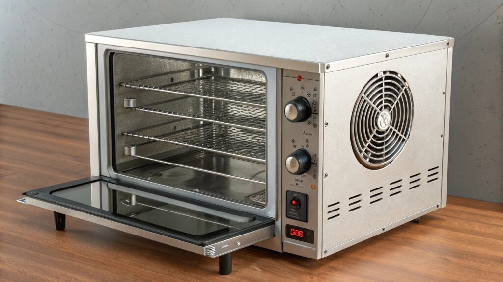 Side-by-side comparison of a professionally branded sublimation oven and a standard countertop convection oven.