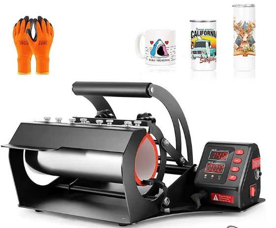 A person's hand adjusting the pressure knob on a mug heat press.