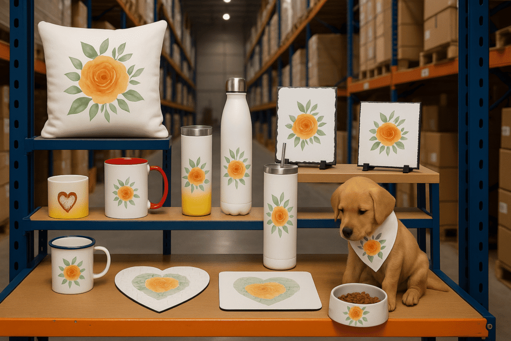 A collage of best-selling sublimation products: a personalized tumbler, a custom t-shirt with a family photo, and a photo cushion on a sofa.