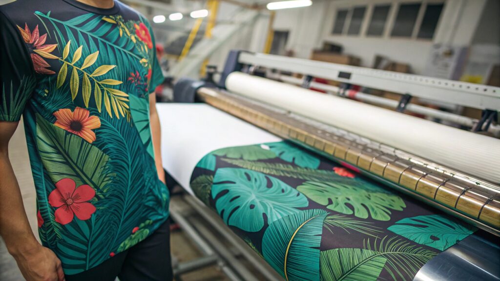 A person peeling sublimation paper off a white t-shirt, revealing a vibrant design.