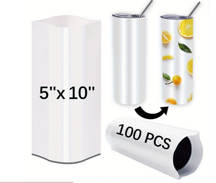A vibrant, custom-designed sublimation water bottle sitting next to the sublimation transfer paper that was used to create it.