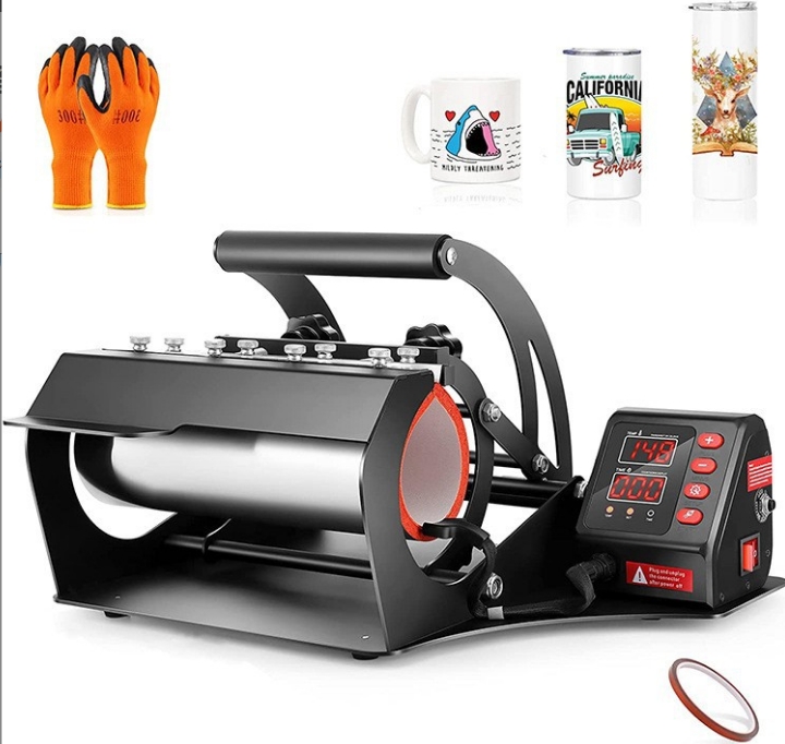 A sublimation printer printing a design for a tumbler, with a finished vibrant custom tumbler next to it.