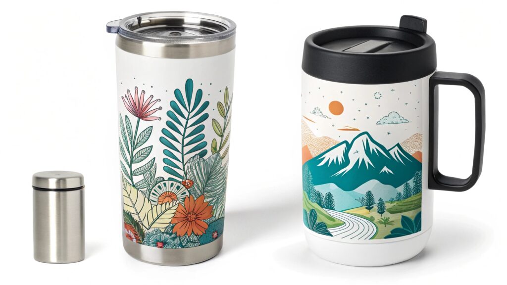 A person choosing between a sublimated mug and one with a vinyl decal.