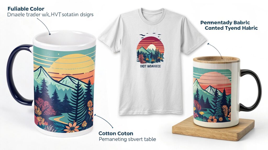 An assortment of sublimation-printed products like tumblers and mugs.