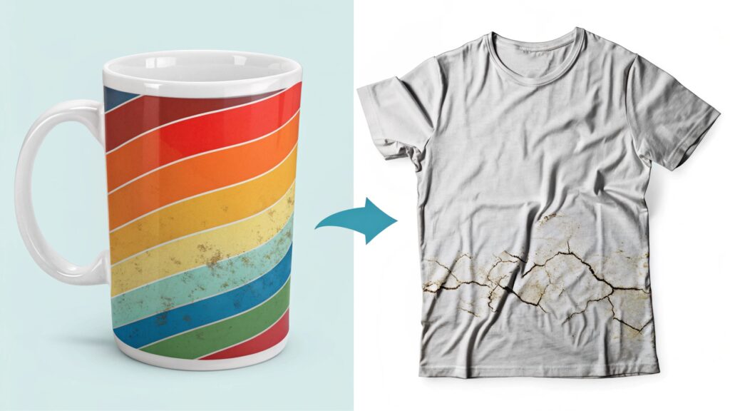 A split image showing a 5-year-old sublimated mug looking new, next to an HTV mug of the same age with cracked and peeling vinyl.