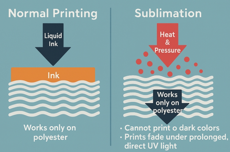 A graphic shows a 'no' symbol over a black cotton t-shirt, illustrating the limitations of sublimation.