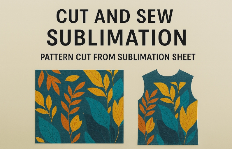 A large piece of fabric with a colorful pattern laid out on a cutting table, with sewing pattern pieces placed on top.