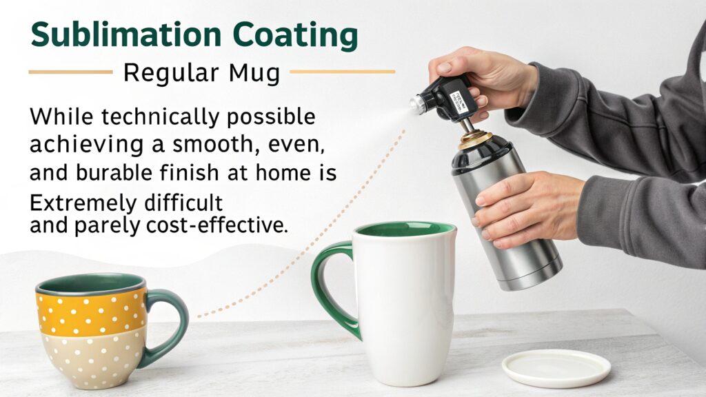 A simple diagram showing ink gas penetrating a polymer coating on a mug's surface.