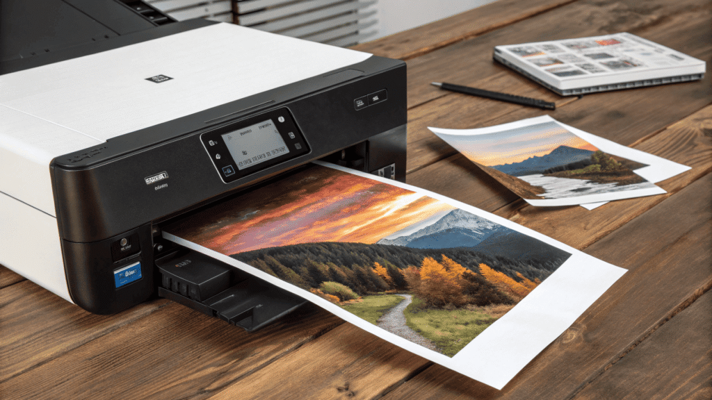 An Epson EcoTank printer is shown on a desk with bottles of sublimation ink next to it, ready for the initial setup.