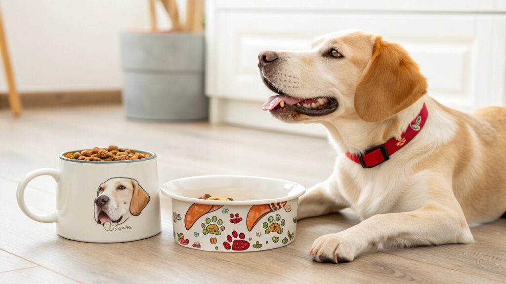a cute dog eating from a custom sublimation dog bowl