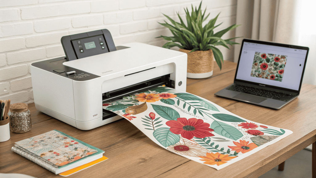 A collage showing a pack of Cricut Infusible Ink sheets, a pre-printed sublimation transfer with a photo on it, and a finished custom mug.