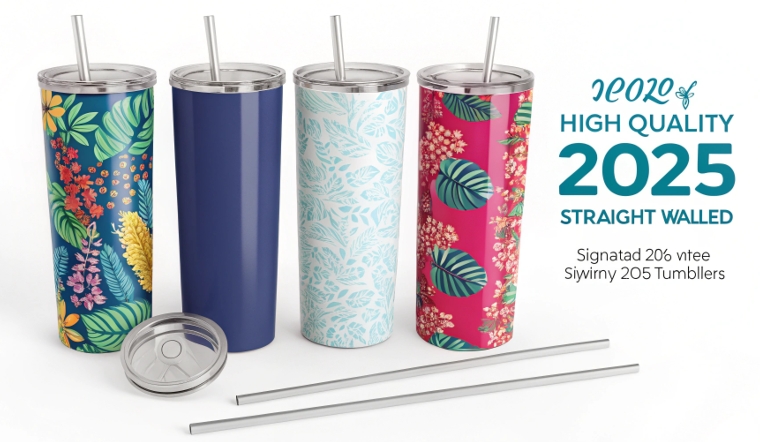 A neat stack of white sublimation skinny tumblers with lids and straws, ready for a small business to customize.