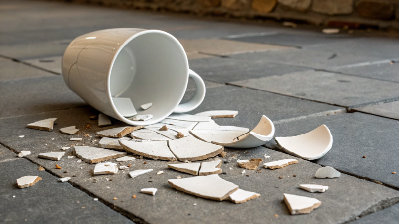 A broken white ceramic mug shattered on a hard floor.