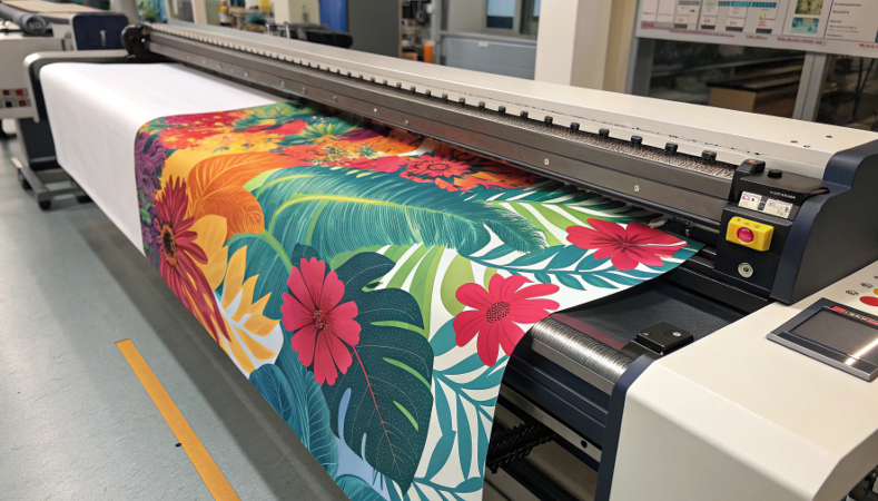 A large format printer printing a sublimation design onto fabric.