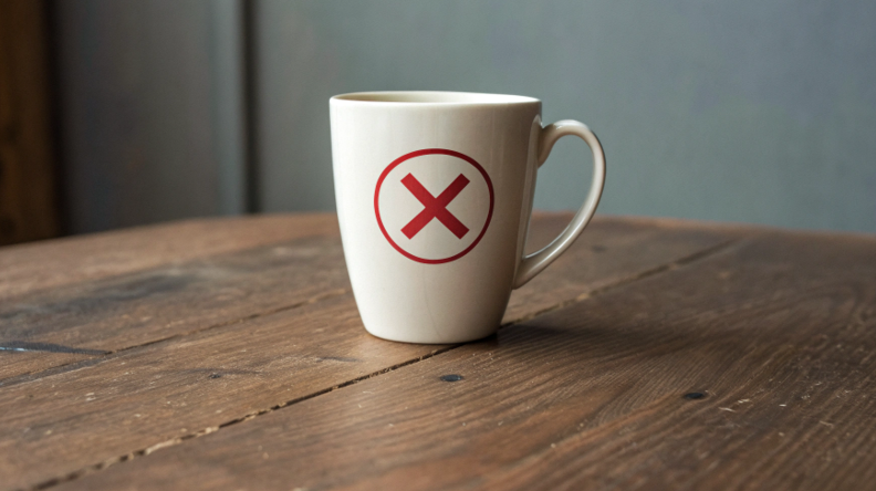 A red "X" or prohibition symbol placed over a generic, non-sublimation coffee mug.