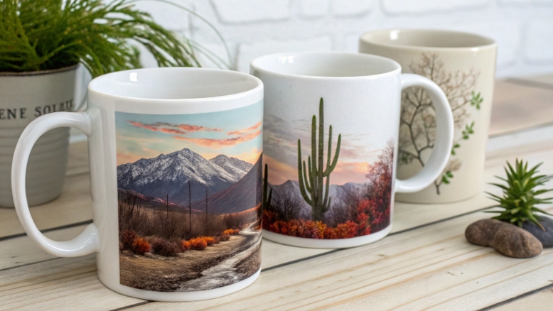 A blurry, faded, and blotchy design on a mug, showing a failed sublimation attempt.